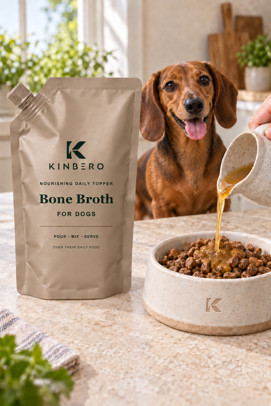 Conceptbeeld van KINBERO Bone Broth bij een hond; inhoud en verpakking nog in ontwikkeling
