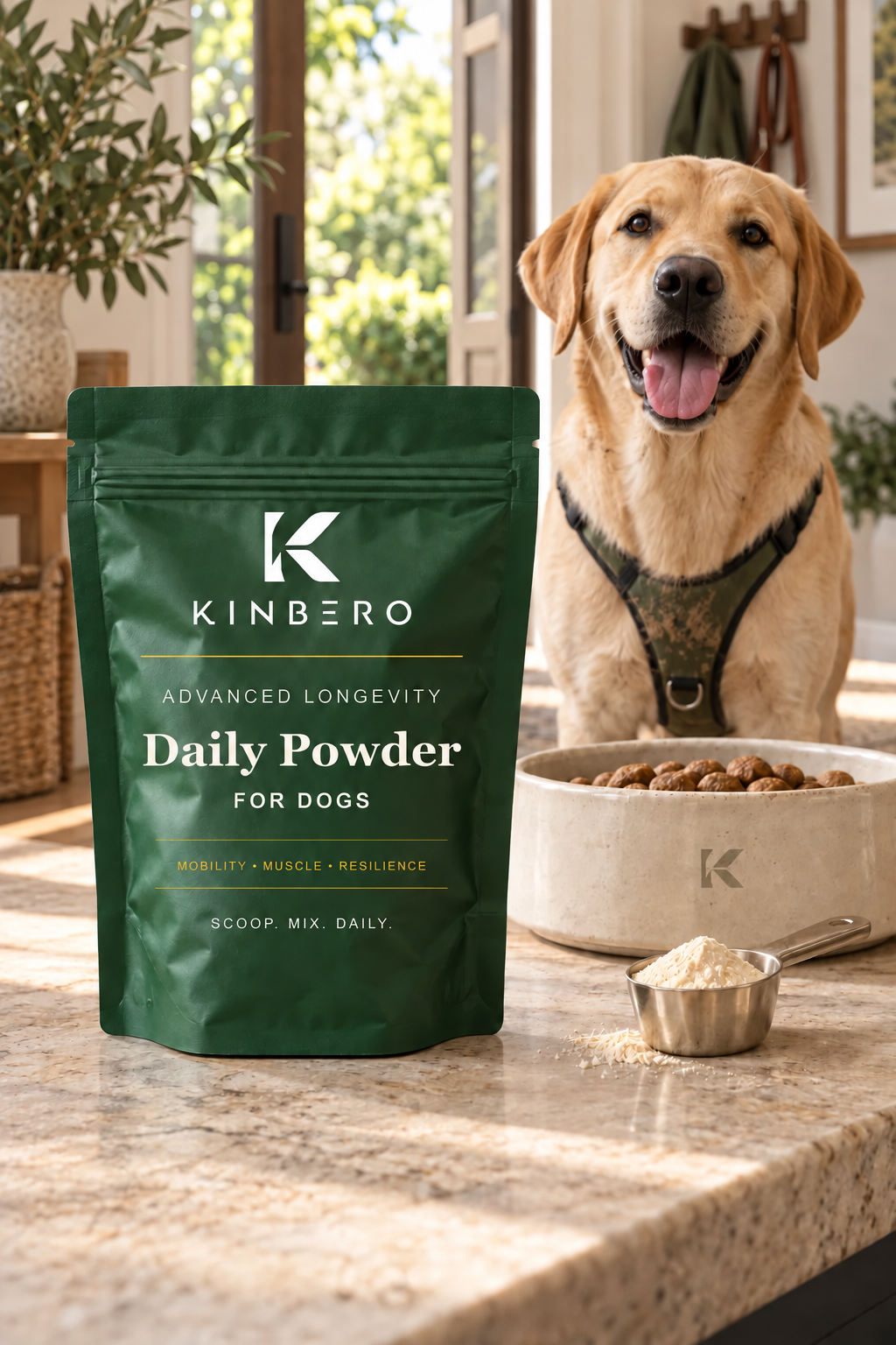 Conceptbeeld van KINBERO Advanced Longevity poederpouch met Labrador en voerbak