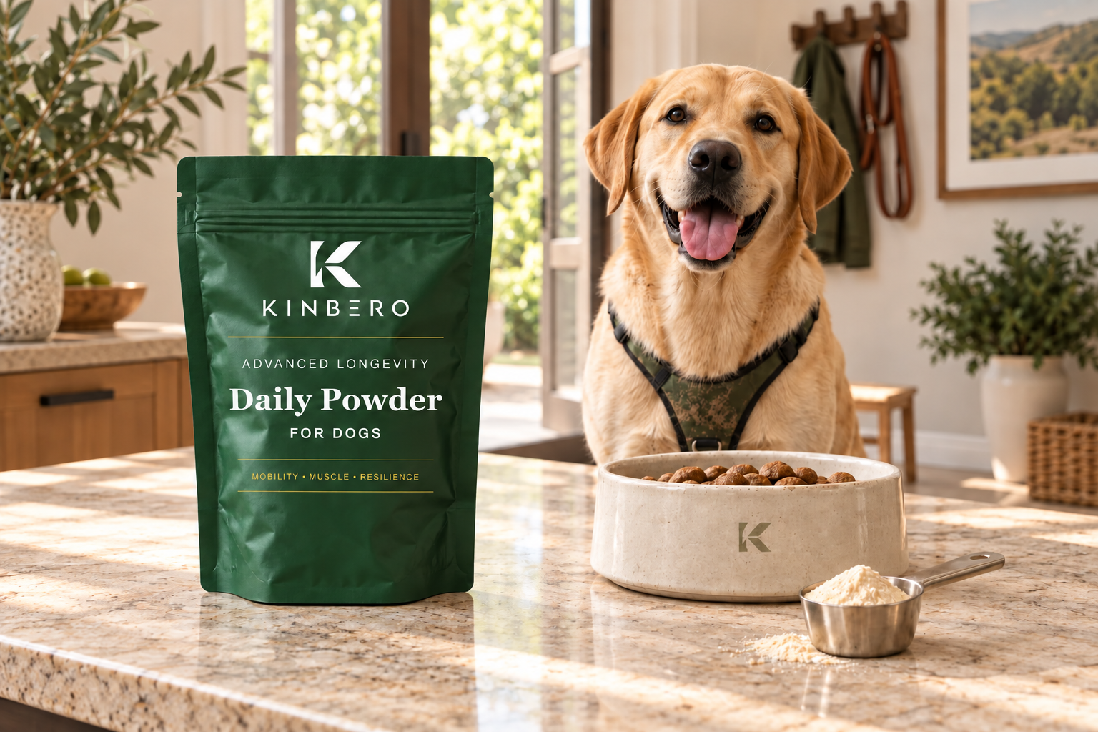 Conceptbeeld van KINBERO Advanced Longevity poederpouch met actieve Labrador