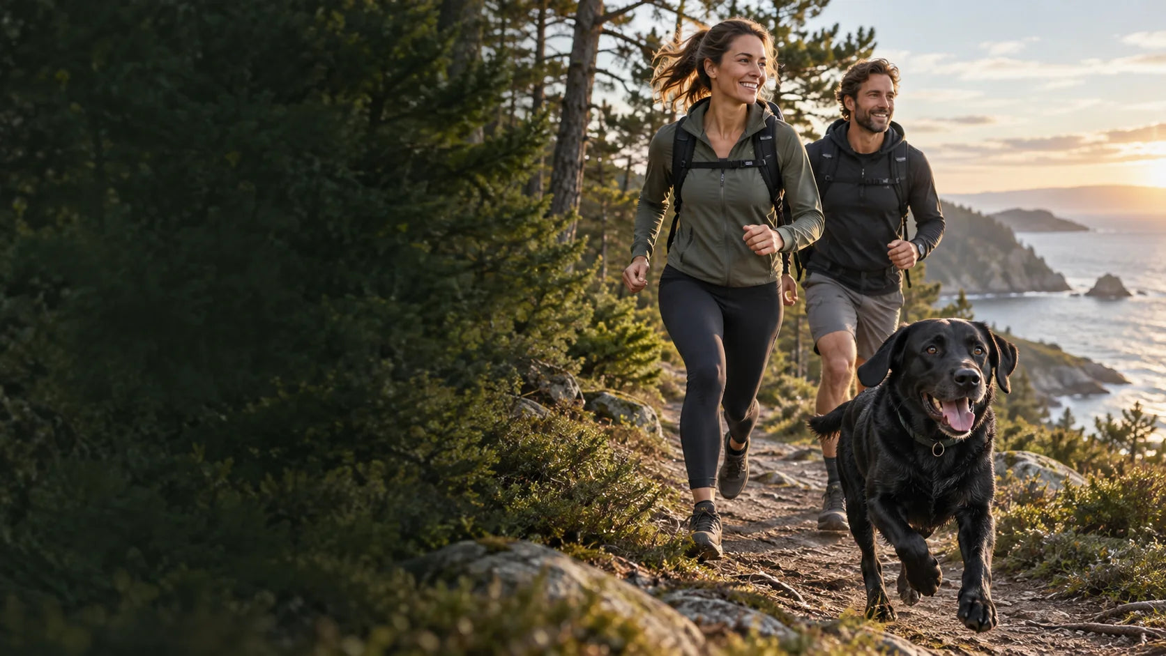 Actieve hond buiten met zijn mensen