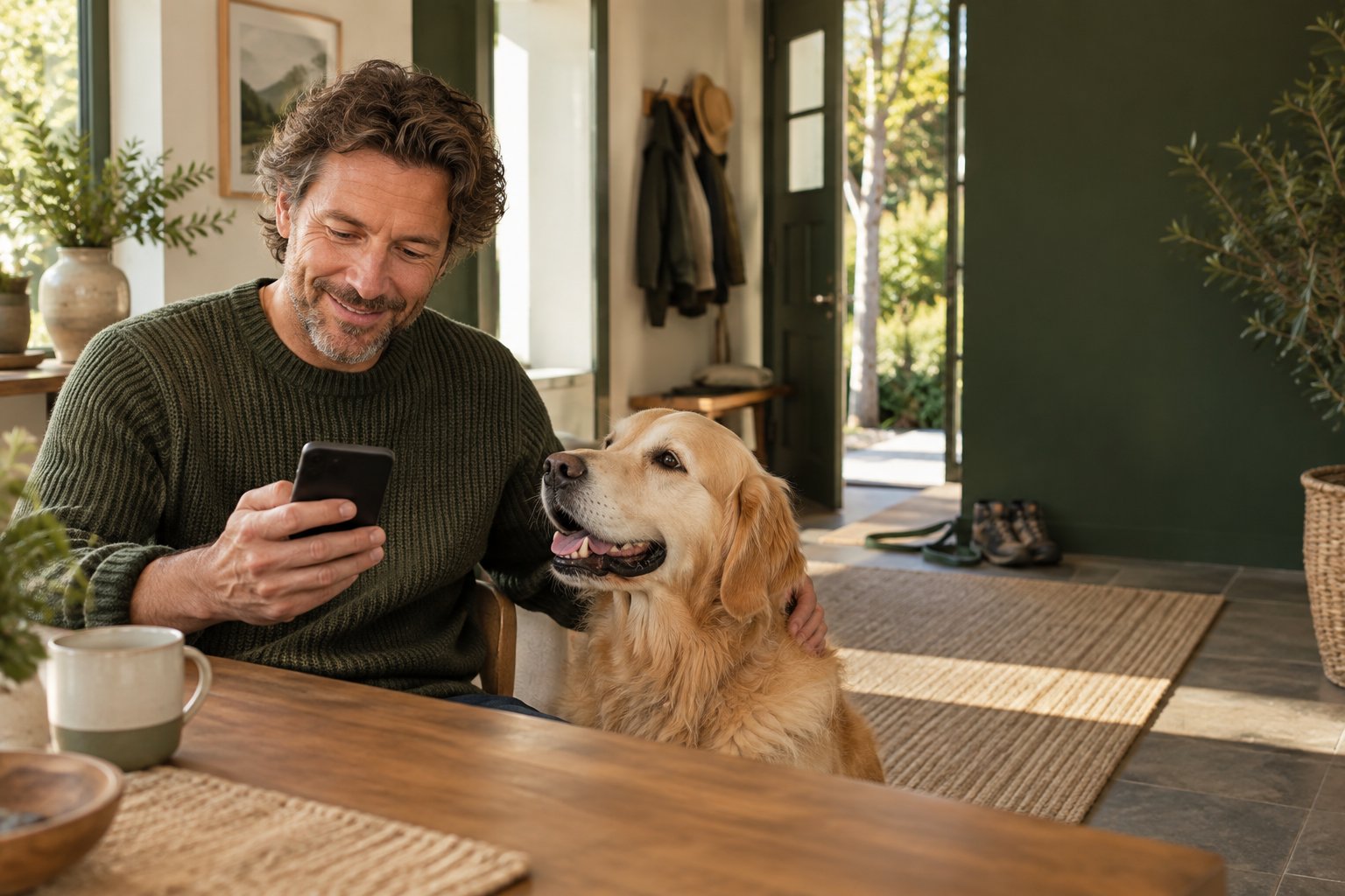 Hondeneigenaar naast zijn vitale oudere hond