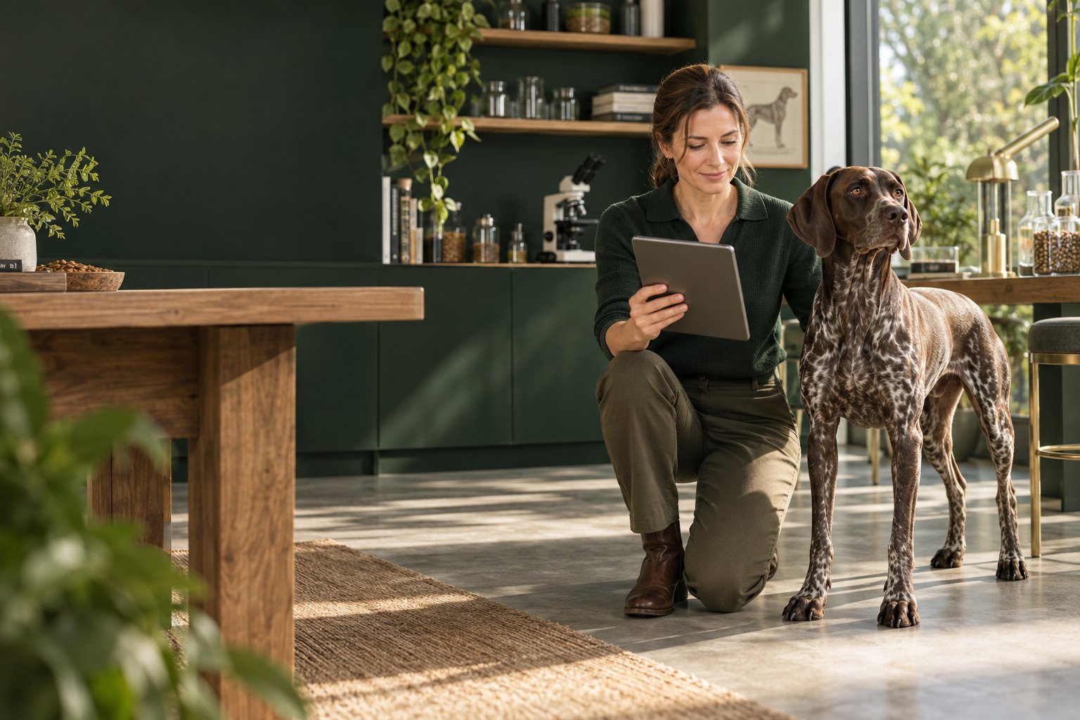 Hond bij een onderzoekstafel met voedingsgegevens